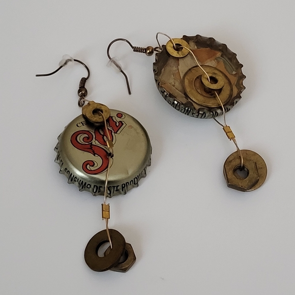 Mixed Metal Upcycled Hand Crafted Sol Cerveza Beer Bottle Cap Pierced Earrings - Picture 11 of 16